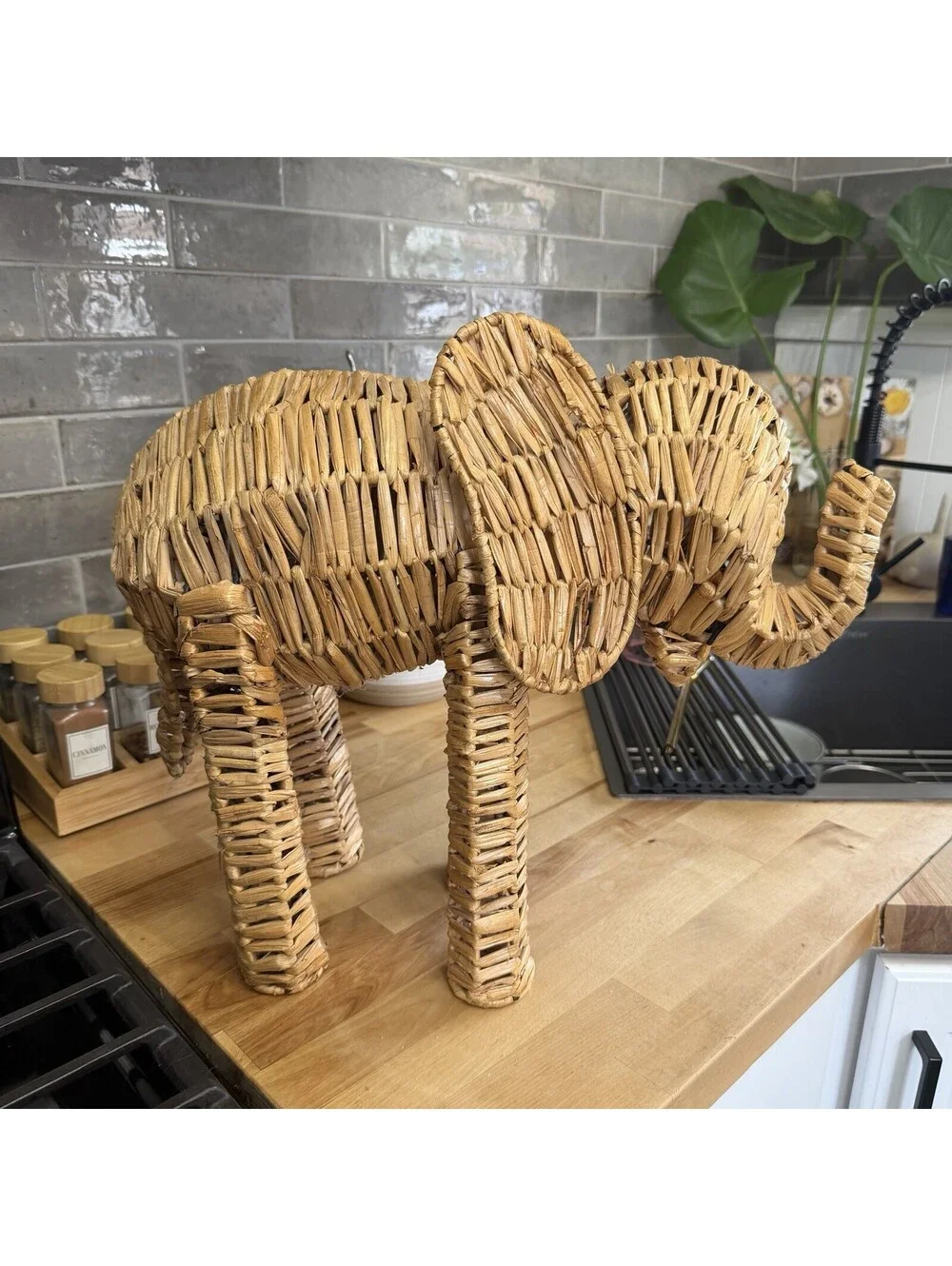 MCM 15” Woven Wicker Elephant Statue Decor Vintage Handmade Safari